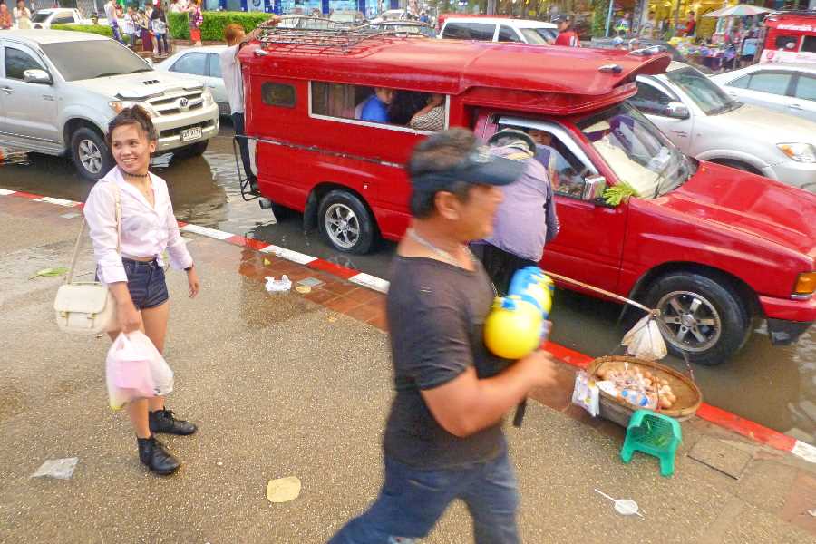 Taking a songthaew during Songkran