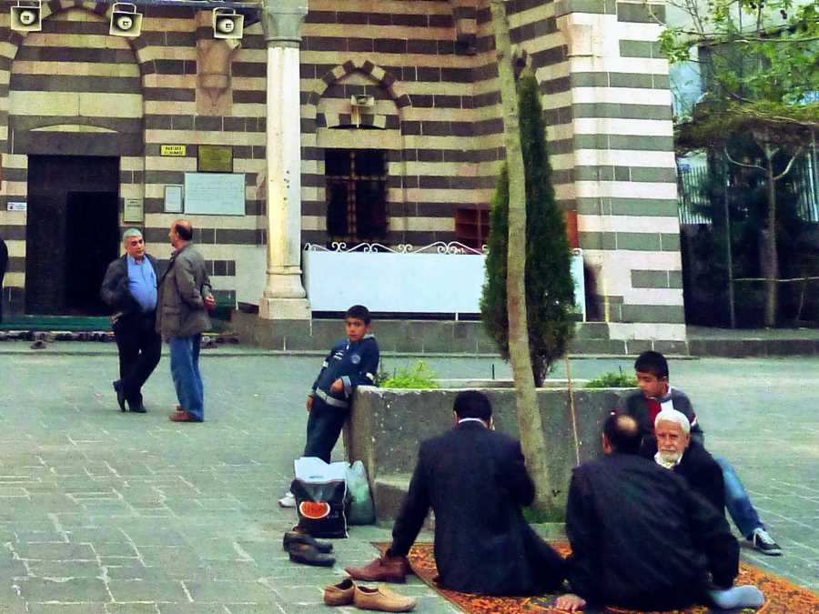 People outside a mosque in Diyarbakir