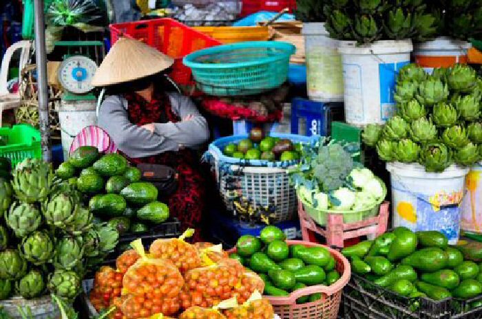 This lady is working or hardly working at the food market in Dalat, Vietnam.