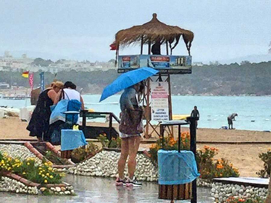Raining at the beach in a tourist resort in Turkey